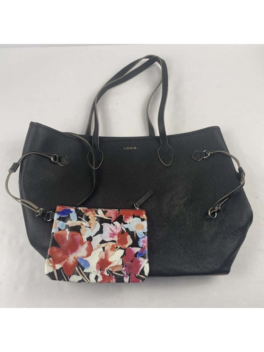 Lodis Pebbled Leather Tote Bag Large Black Double Handle w/Small Floral Pouch